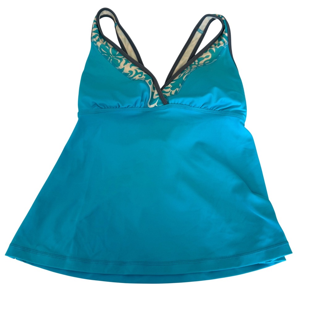 Lands End Turquoise Floral Tankini Swim Top Women Size 6 V Neck Criss Cross Back